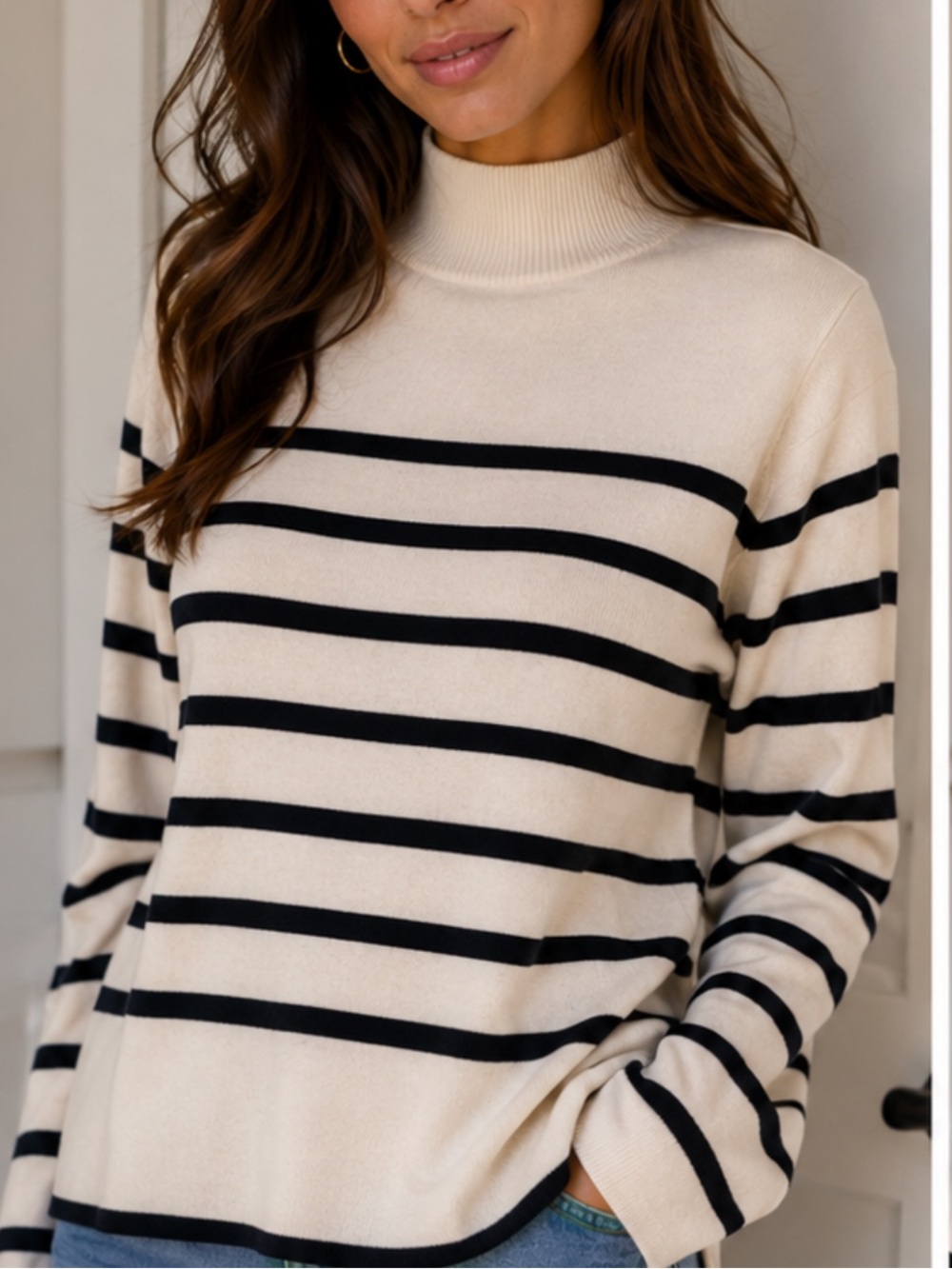 H&M Cream & Black Striped Mock Neck Sweater